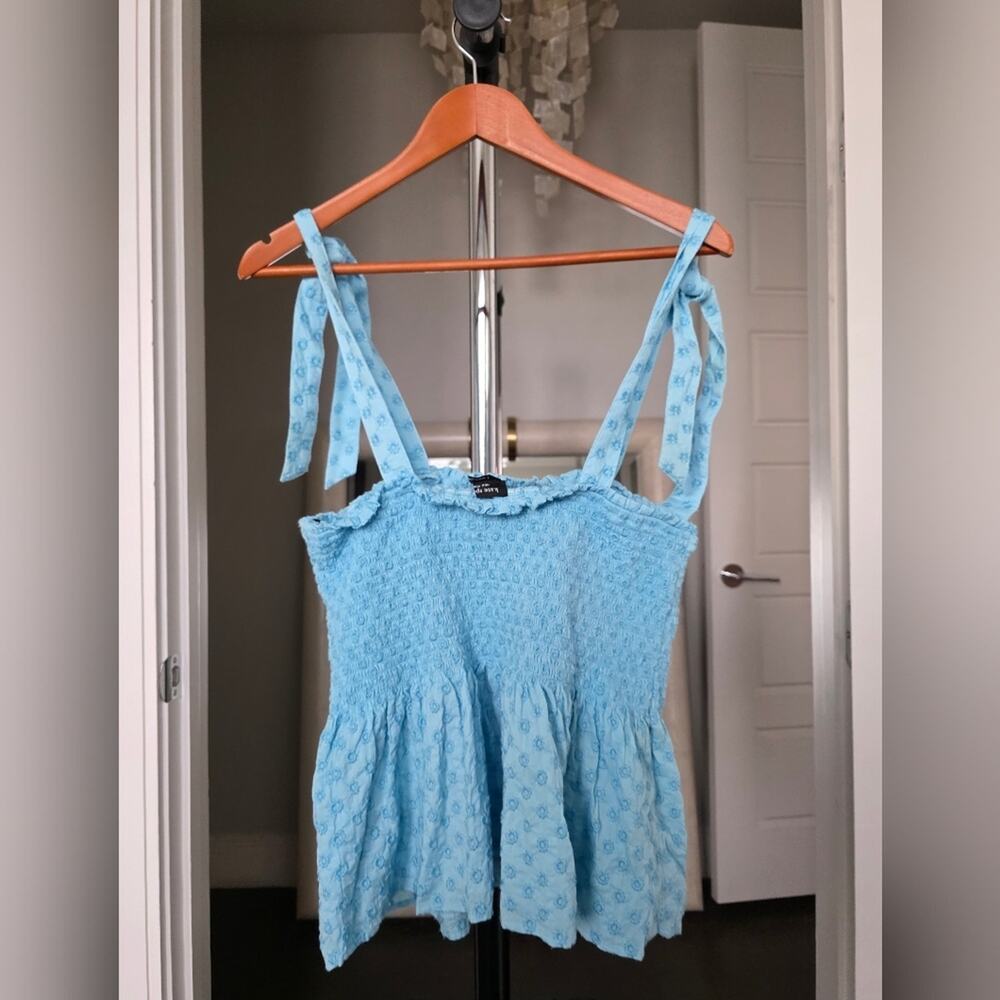 Kate Spade Blue Floral Smocked Peplum Tie-Shoulder Top Size L - Picture 6 of 8